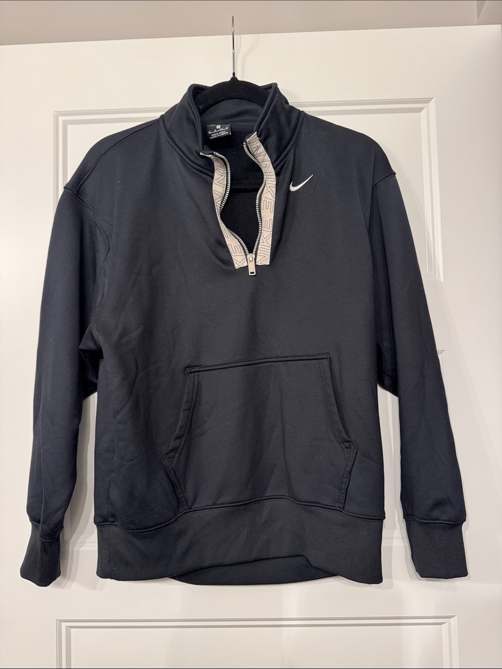 Nike Black 1/4 Zip Pullover with White Swoosh and Contrast Placket